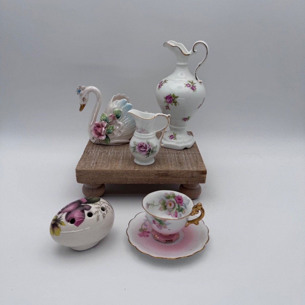 Vintage Miniature Porcelain Lot Takito Japan Teacup Saucer Swan Pitcher 5pc Set